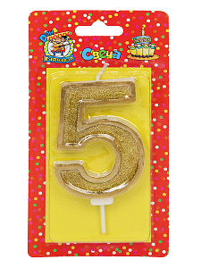 свеча тортовая "5" золотой глиттер с окантовкой с-5979 /дон карнавал