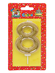 свеча тортовая "8" золотой глиттер с окантовкой с-5982 /дон карнавал