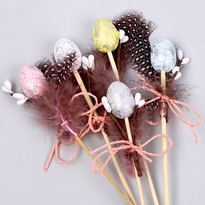декор пасхальный на палочке 2шт яйцо и перо, пластик, ассорти