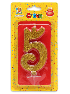 свеча тортовая "5" золотой глиттер с-1897 /дон карнавал